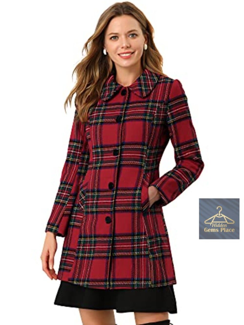 Womens Plaid Wool Pea Coat Peter Pan Collar A-Line Overcoat Winter Work
